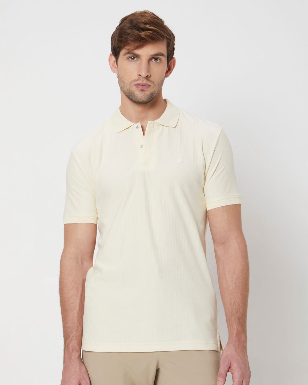 Off White Textured Plain Slim Fit Jersey Polo T-Shirt