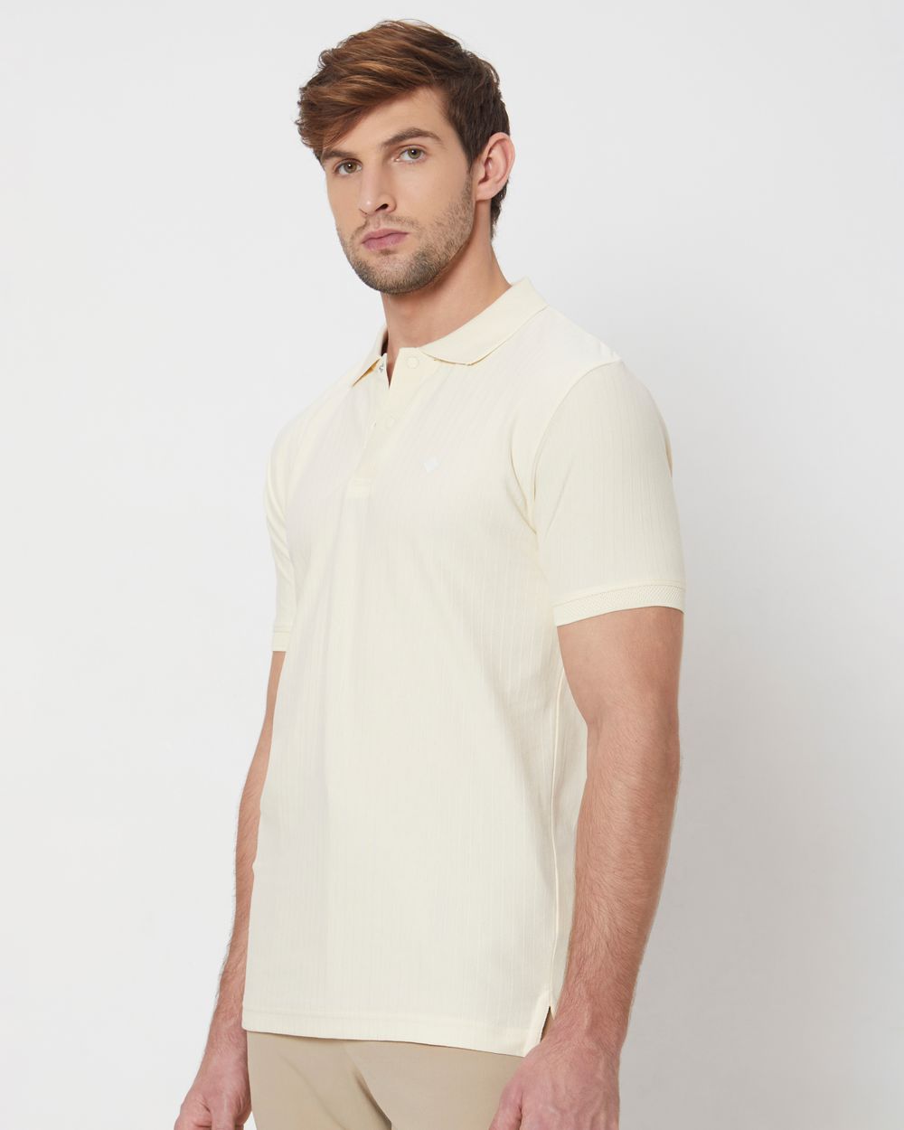 Off White Textured Plain Slim Fit Jersey Polo T-Shirt