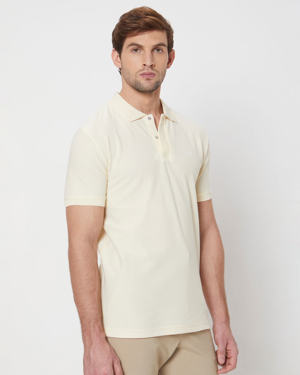 Off White Textured Plain Slim Fit Jersey Polo T-Shirt