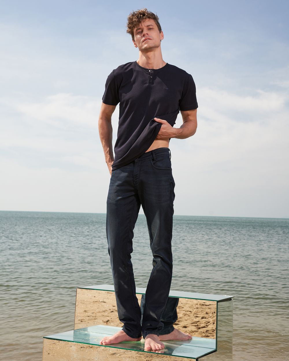 Navy Snap Button Plain Slim Fit Casual Henley