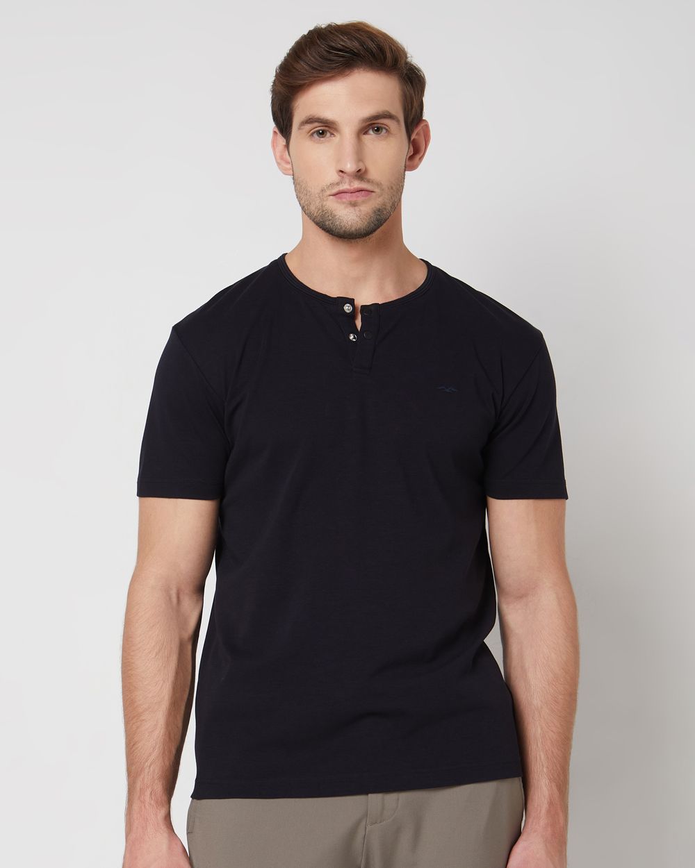 Navy Snap Button Plain Slim Fit Casual Henley