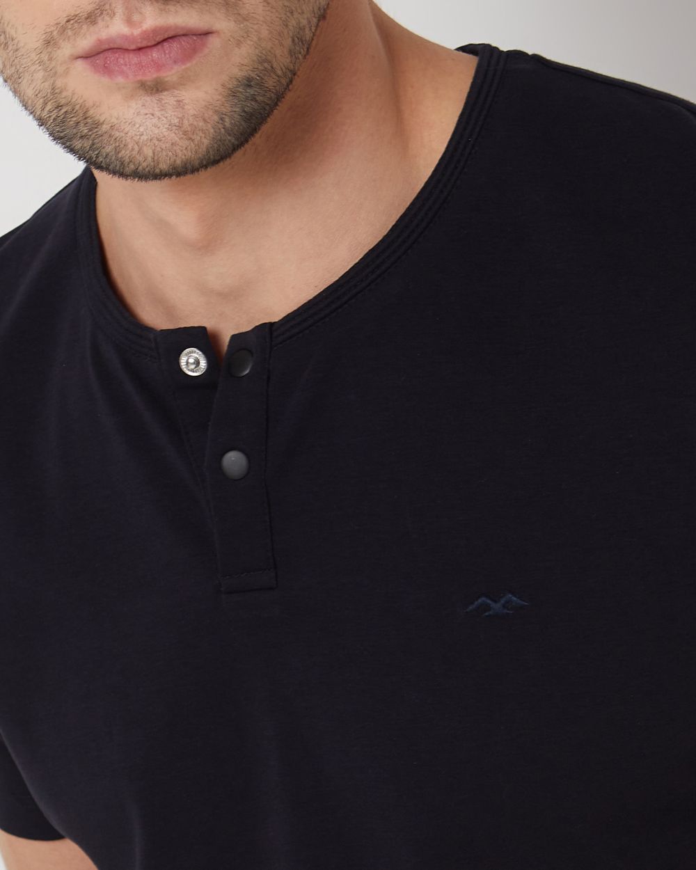 Navy Snap Button Plain Slim Fit Casual Henley