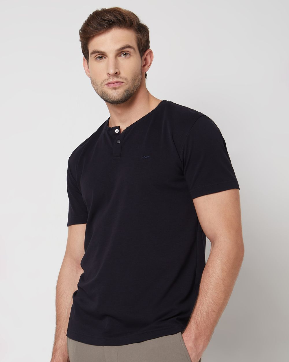 Navy Snap Button Plain Slim Fit Casual Henley