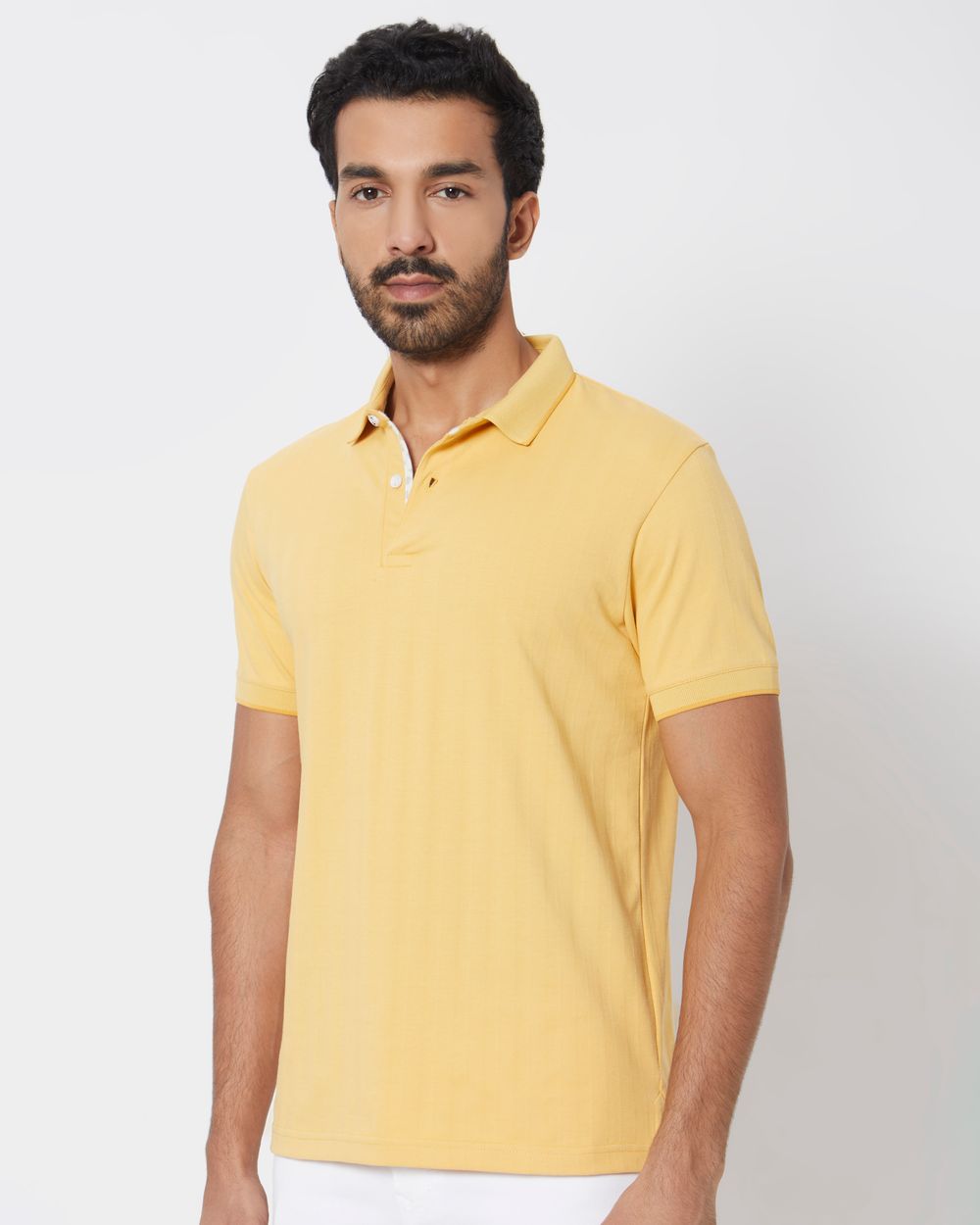 Mustard Textured Plain Slim Fit Polo T-Shirt