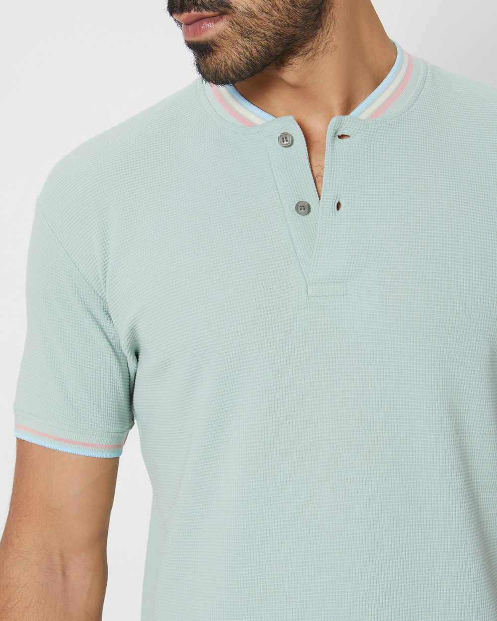 Light Green Textured Tipped Collar Slim Fit Henley T-Shirt