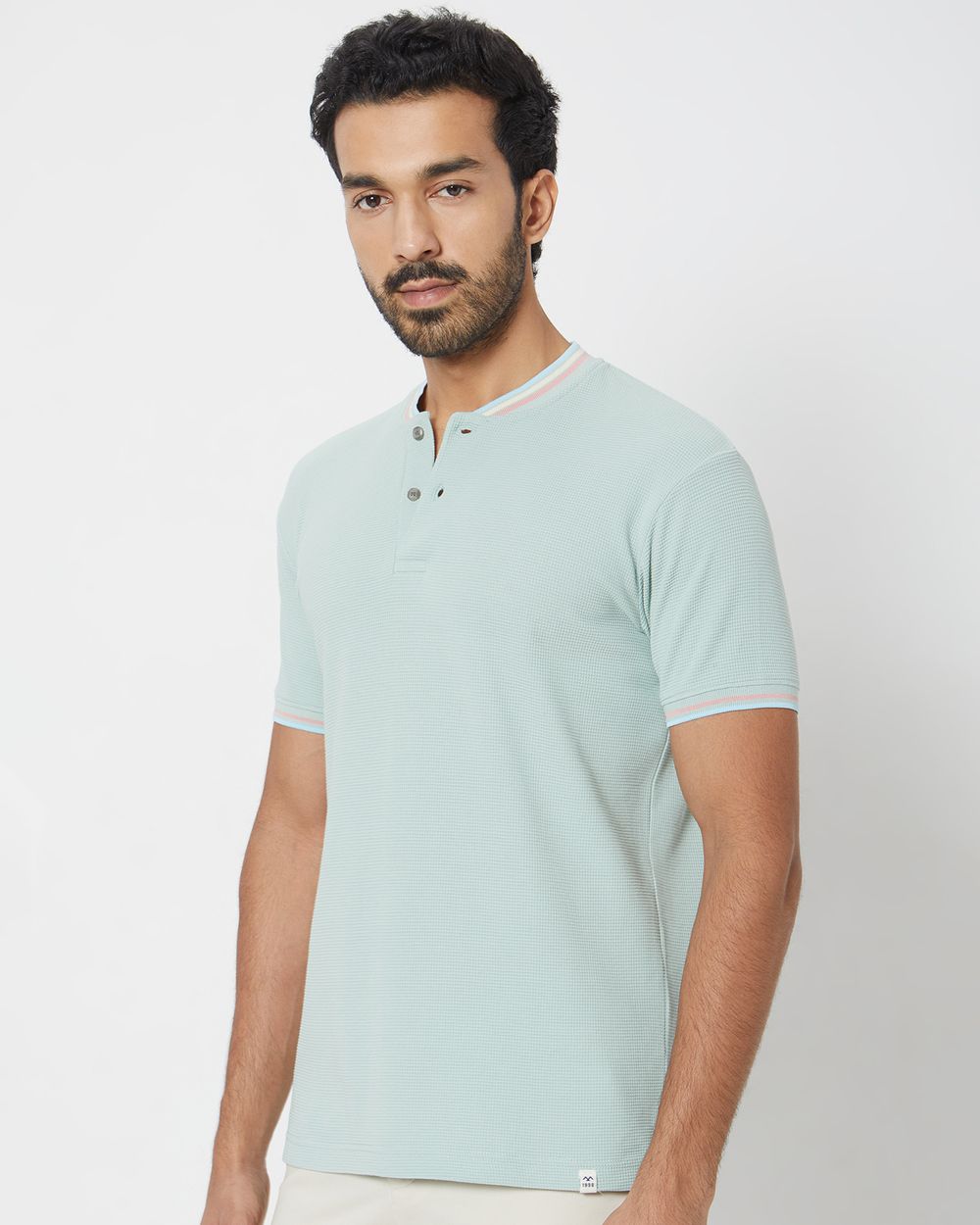 Light Green Textured Tipped Collar Slim Fit Henley T-Shirt