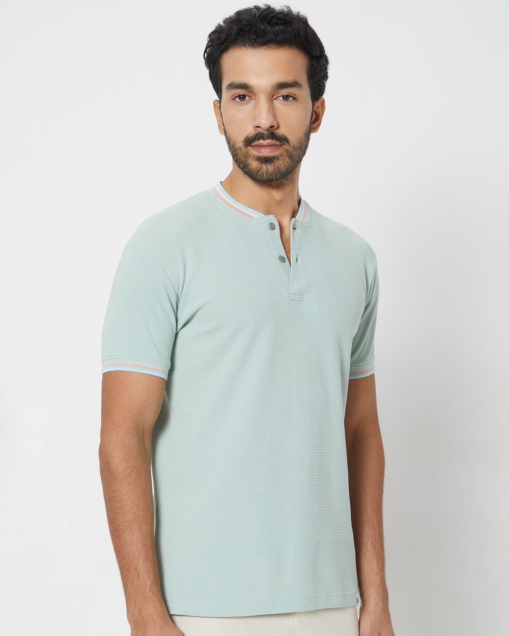 Light Green Textured Tipped Collar Slim Fit Henley T-Shirt