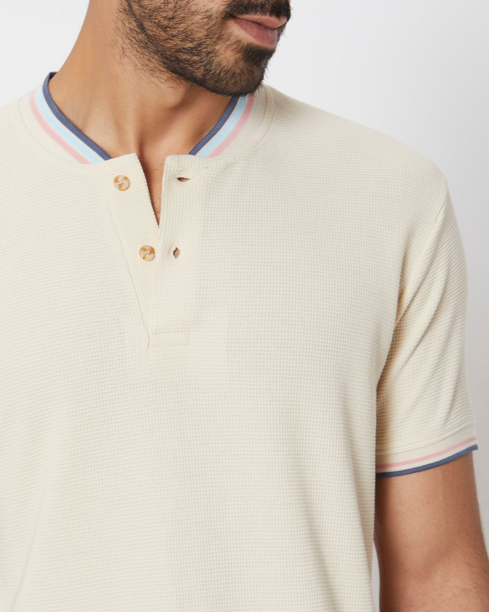 Off White Textured Tipped Collar Slim Fit Henley T-Shirt