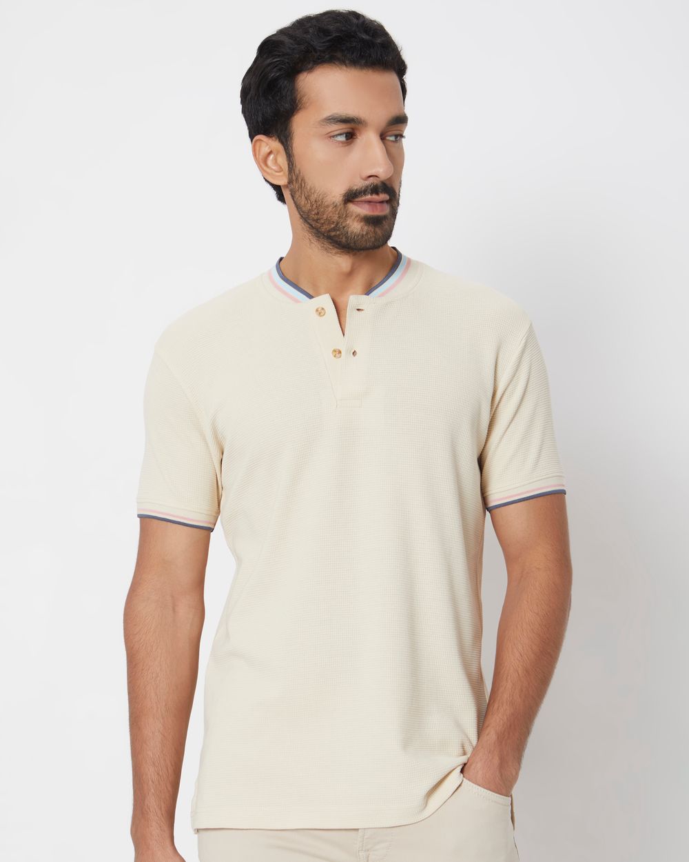 Off White Textured Tipped Collar Slim Fit Henley T-Shirt