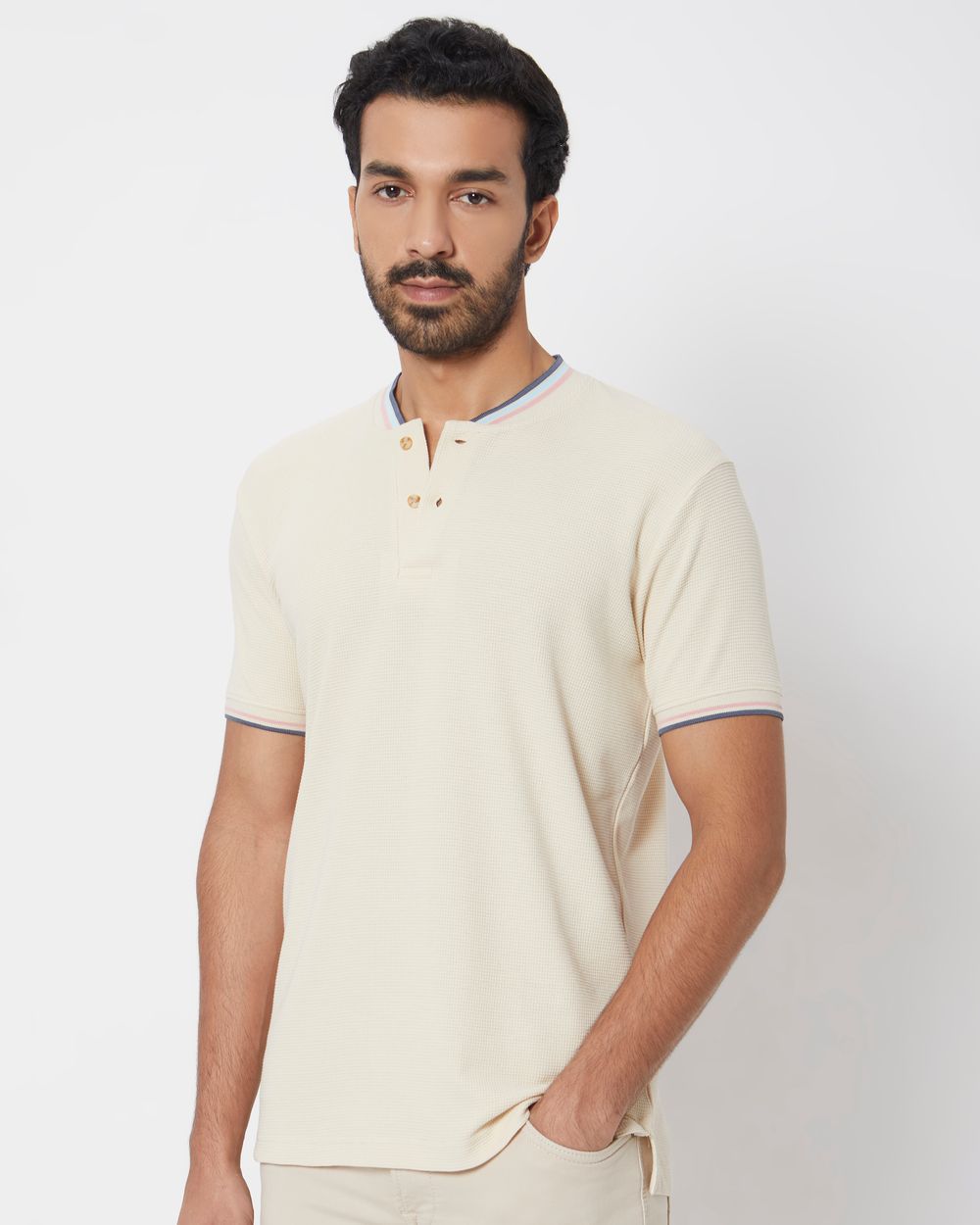 Off White Textured Tipped Collar Slim Fit Henley T-Shirt