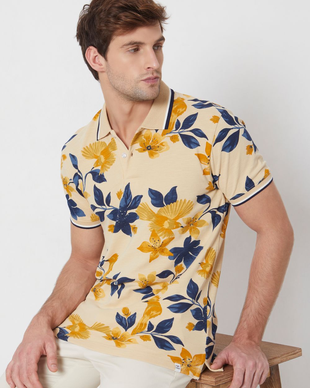 Beige Floral Print Slim Fit Casual Polo