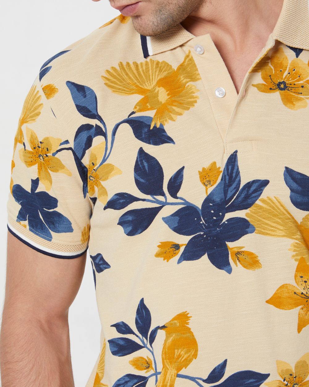 Beige Floral Print Slim Fit Casual Polo