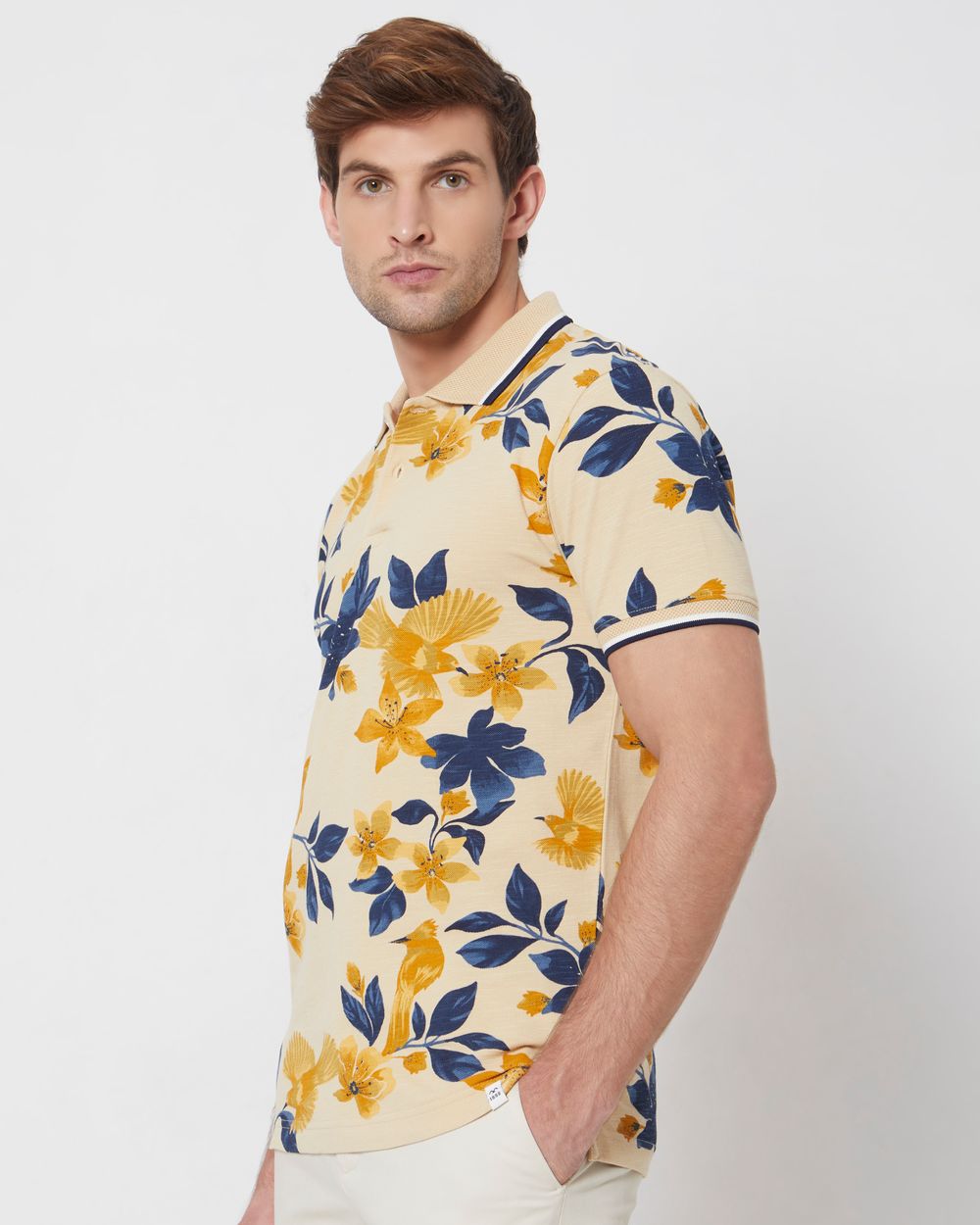 Beige Floral Print Slim Fit Casual Polo