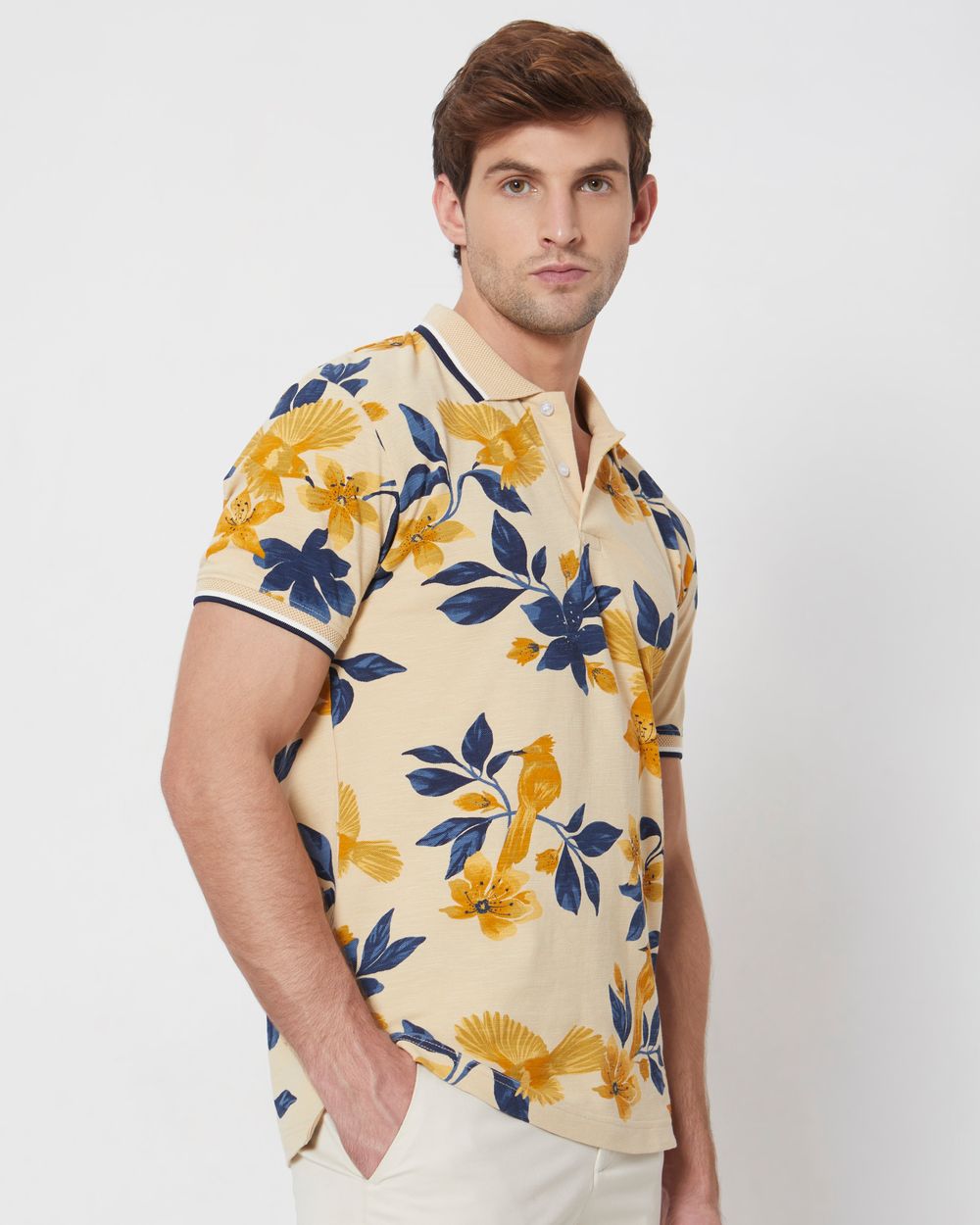Beige Floral Print Slim Fit Casual Polo