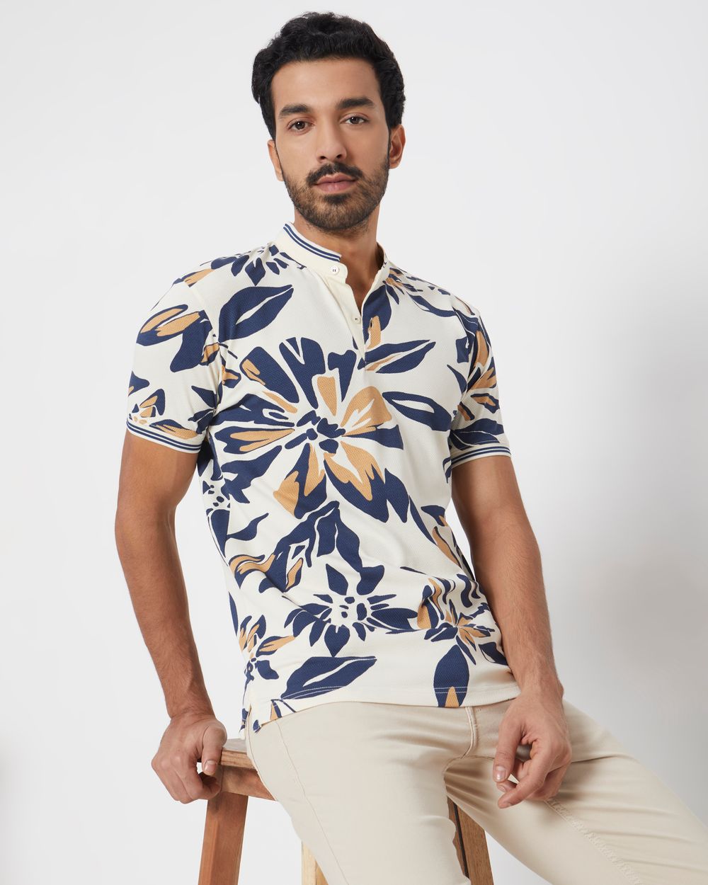 Off White Floral Print Slim Fit Henley T-Shirt