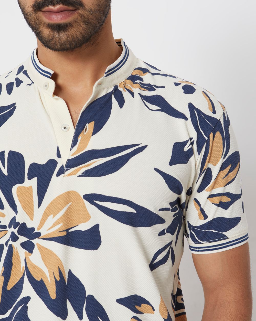 Off White Floral Print Slim Fit Henley T-Shirt