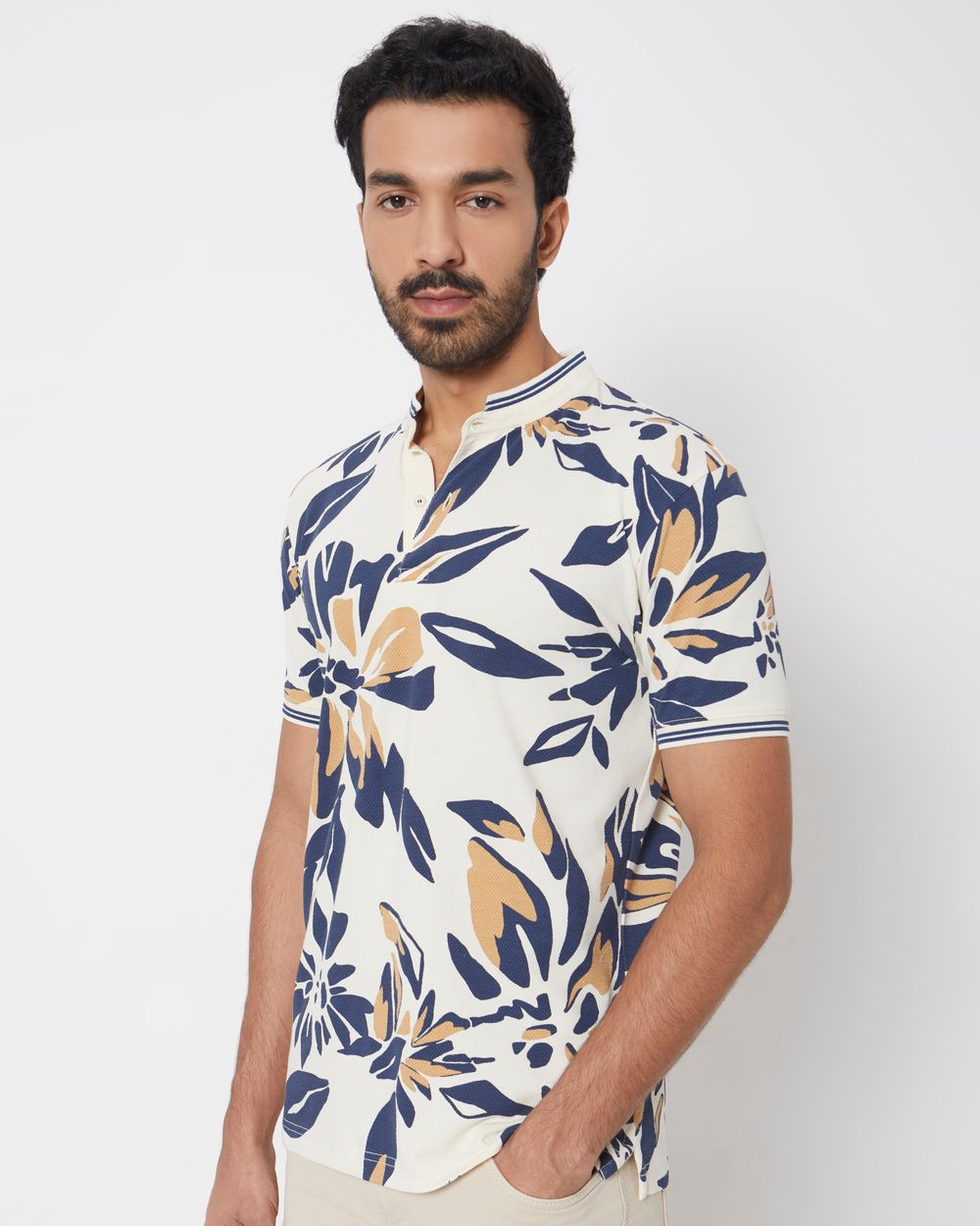 Off White Floral Print Slim Fit Henley T-Shirt
