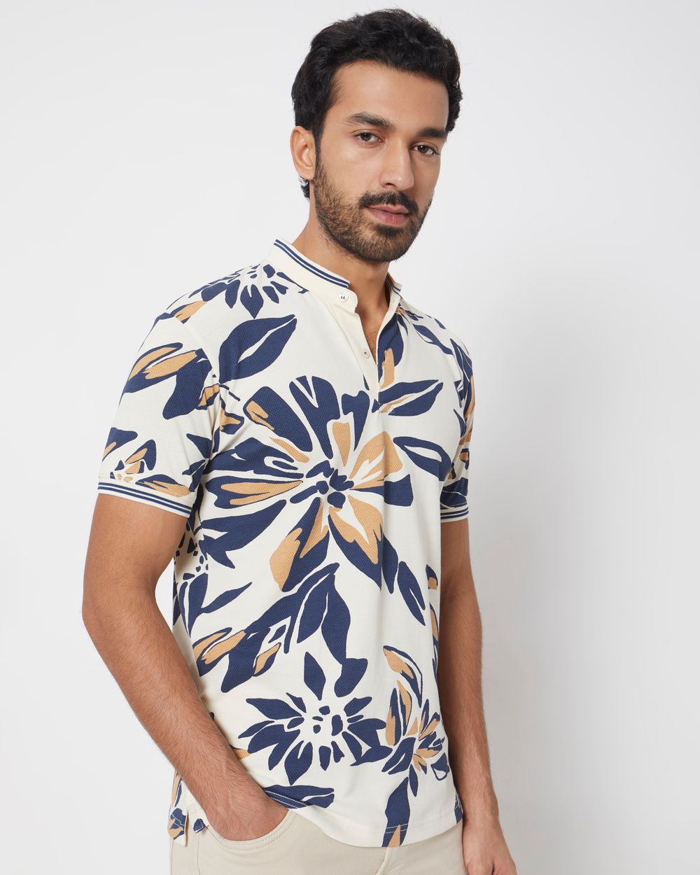 Off White Floral Print Slim Fit Henley T-Shirt