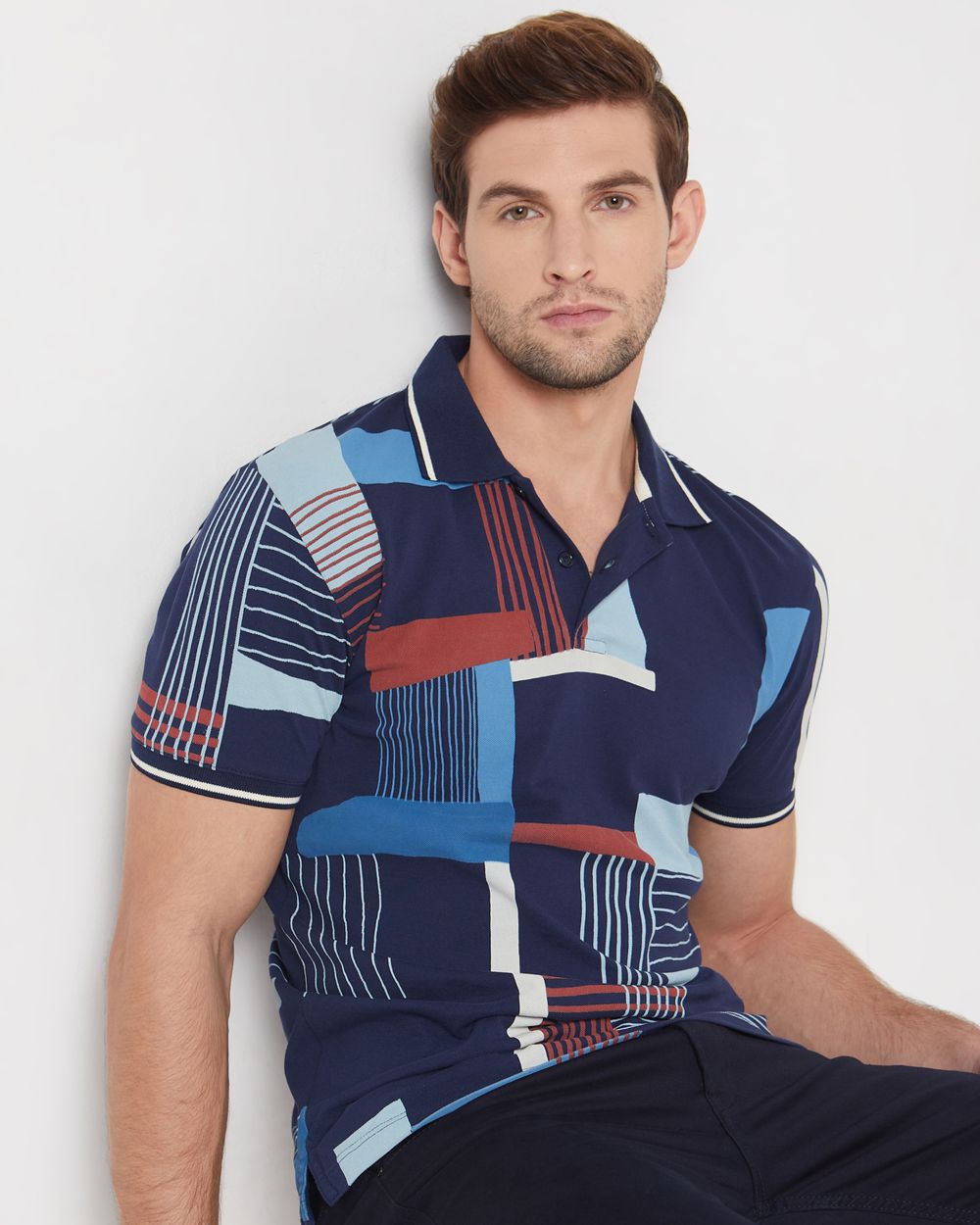 Navy Geometric Print Slim Fit Casual Polo