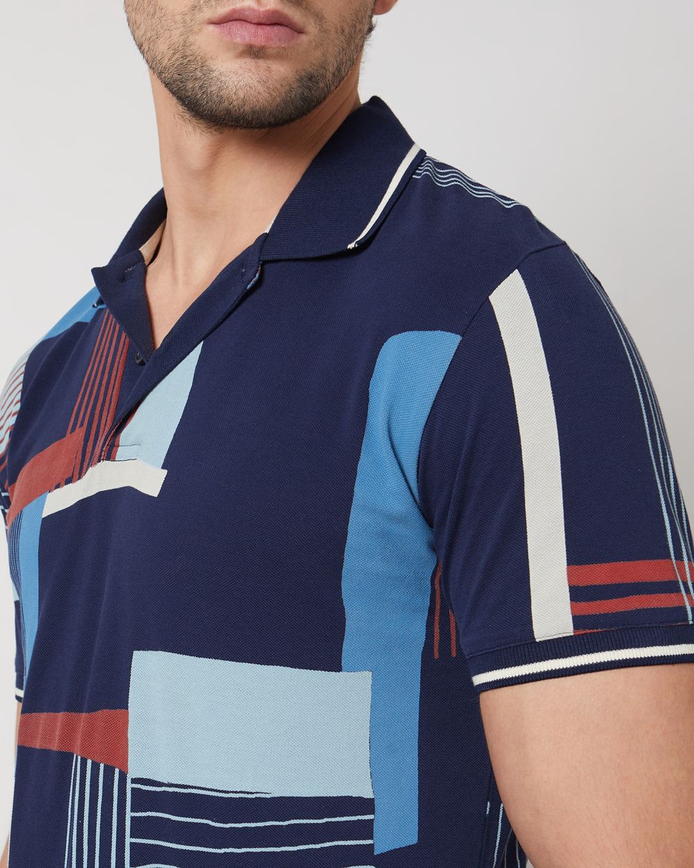 Navy Geometric Print Slim Fit Casual Polo