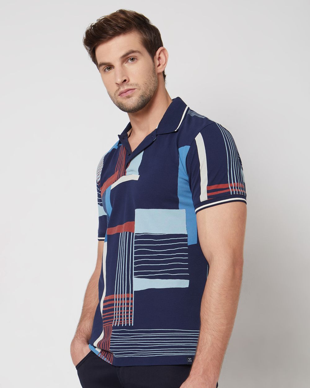 Navy Geometric Print Slim Fit Casual Polo