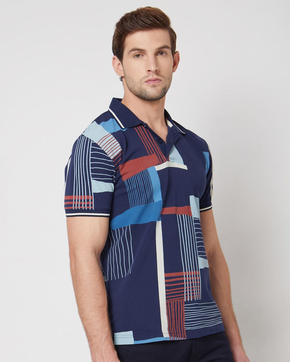 Navy Geometric Print Slim Fit Casual Polo