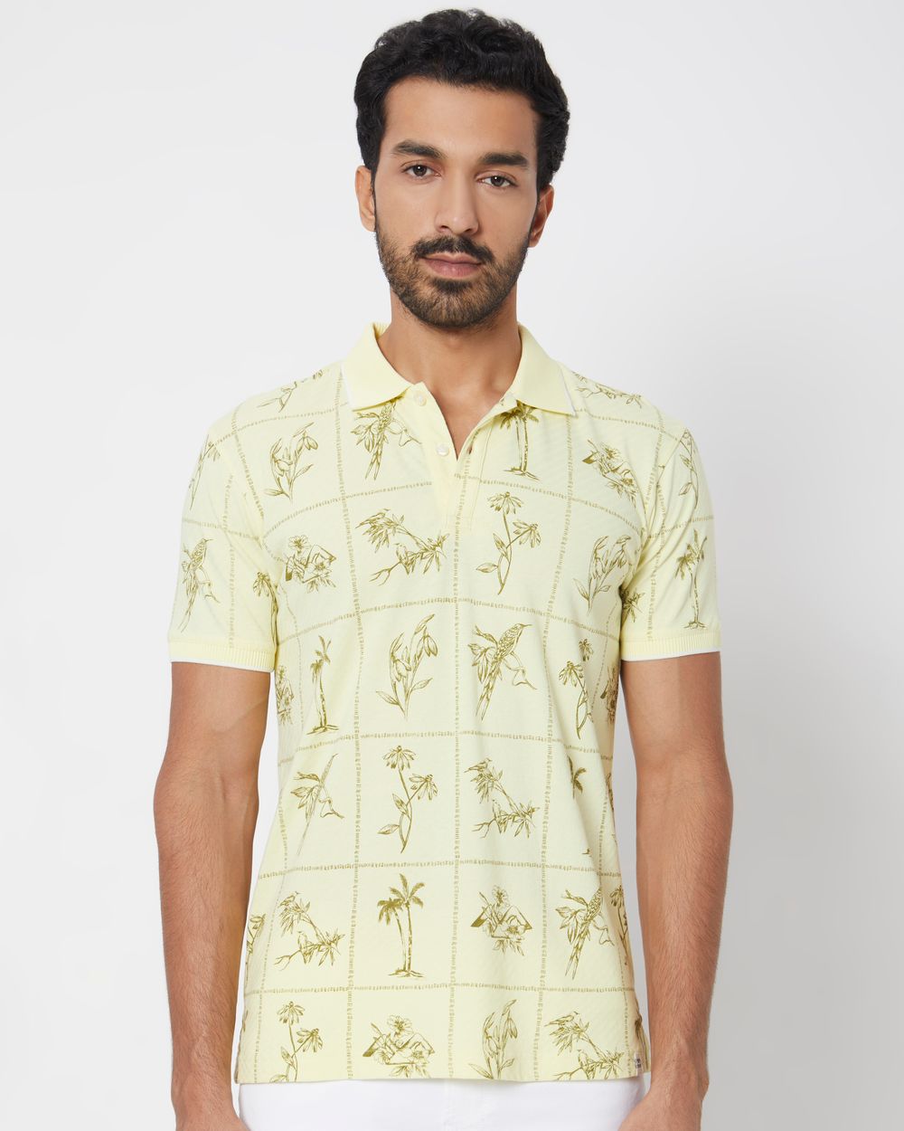 Light Yellow Resort Print Slim Fit Polo T-Shirt