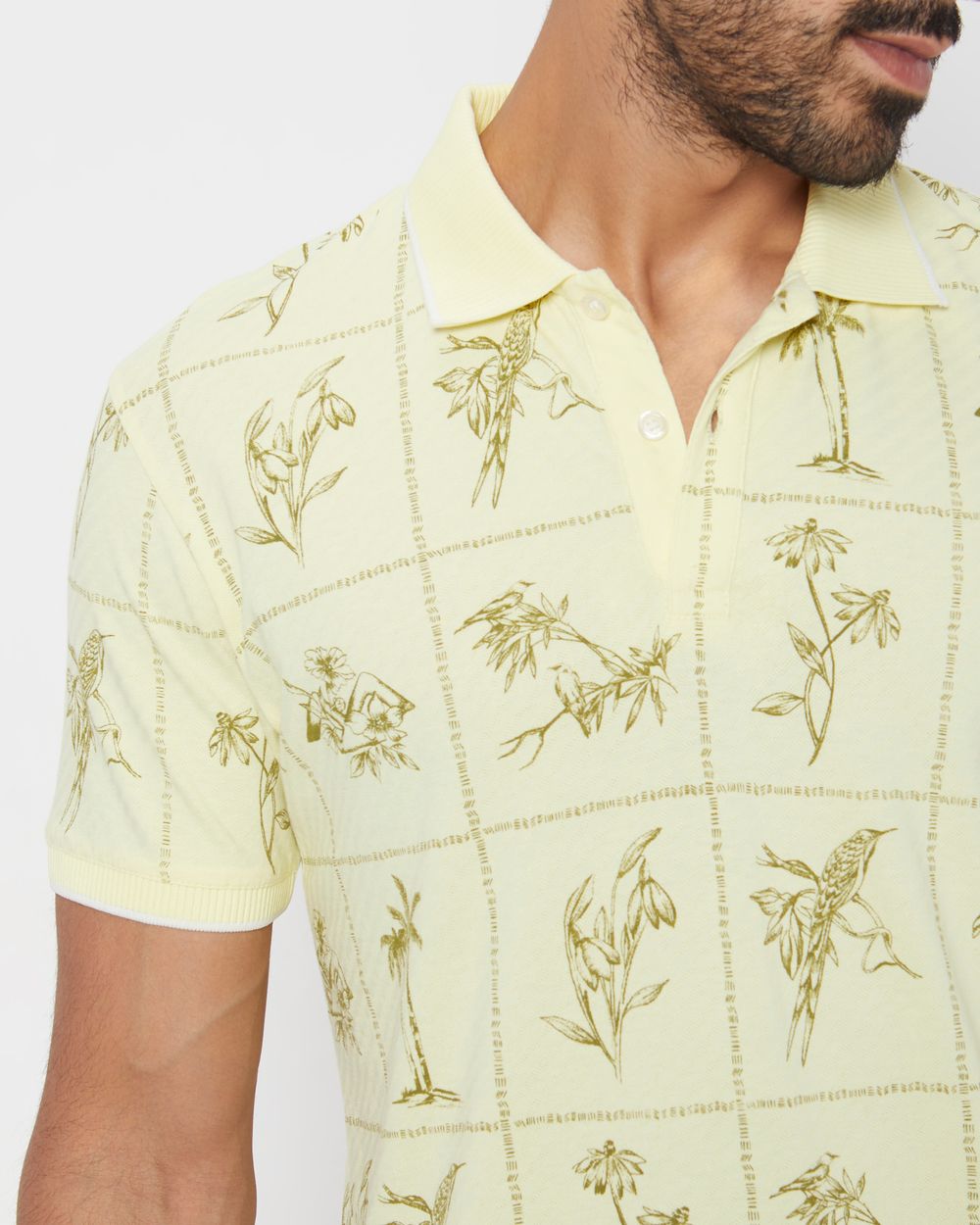 Light Yellow Resort Print Slim Fit Polo T-Shirt