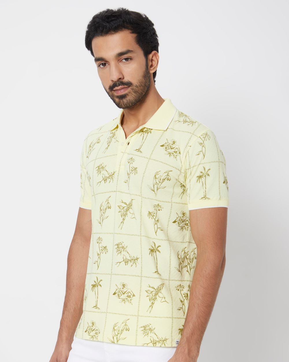 Light Yellow Resort Print Slim Fit Polo T-Shirt