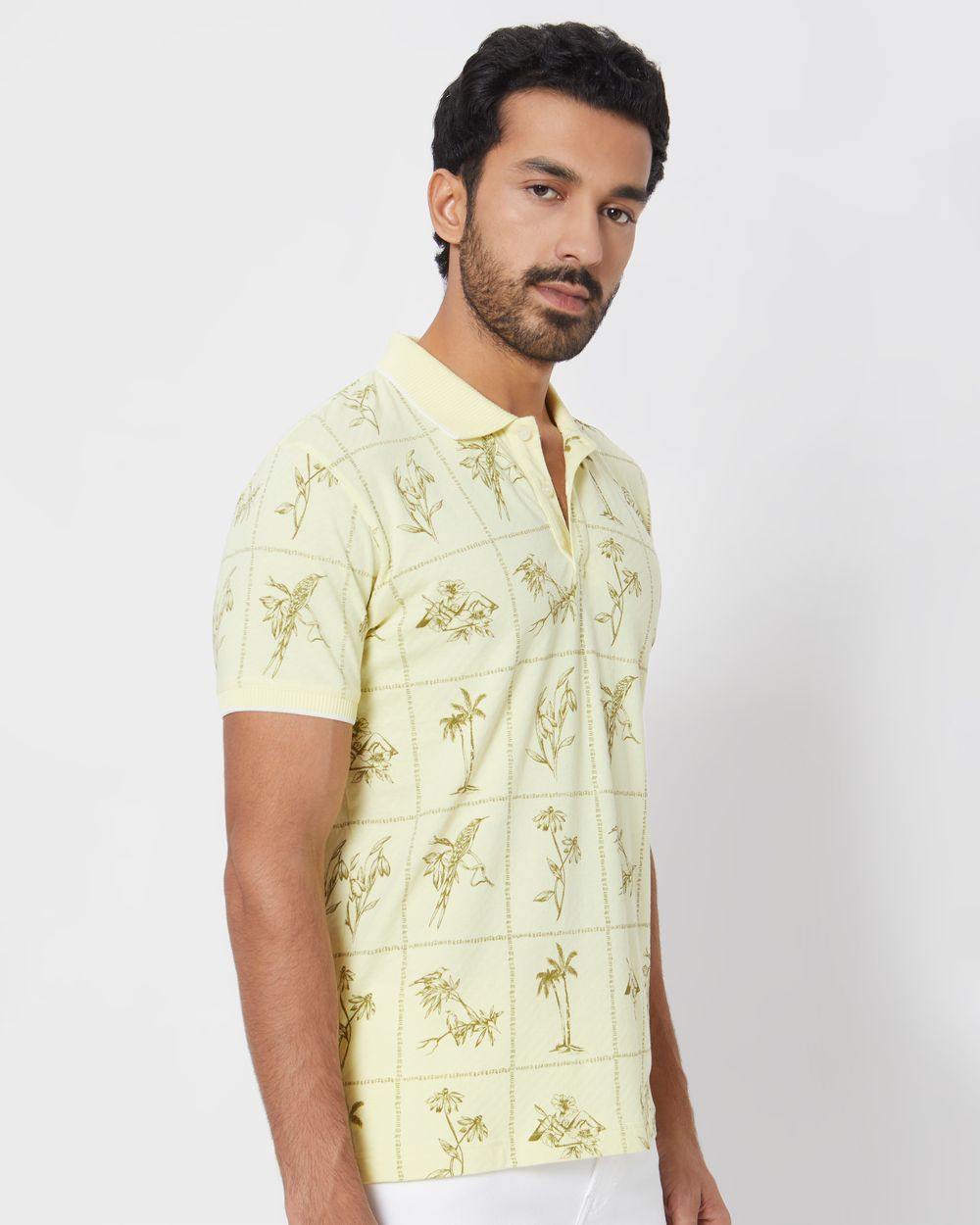 Light Yellow Resort Print Slim Fit Polo T-Shirt