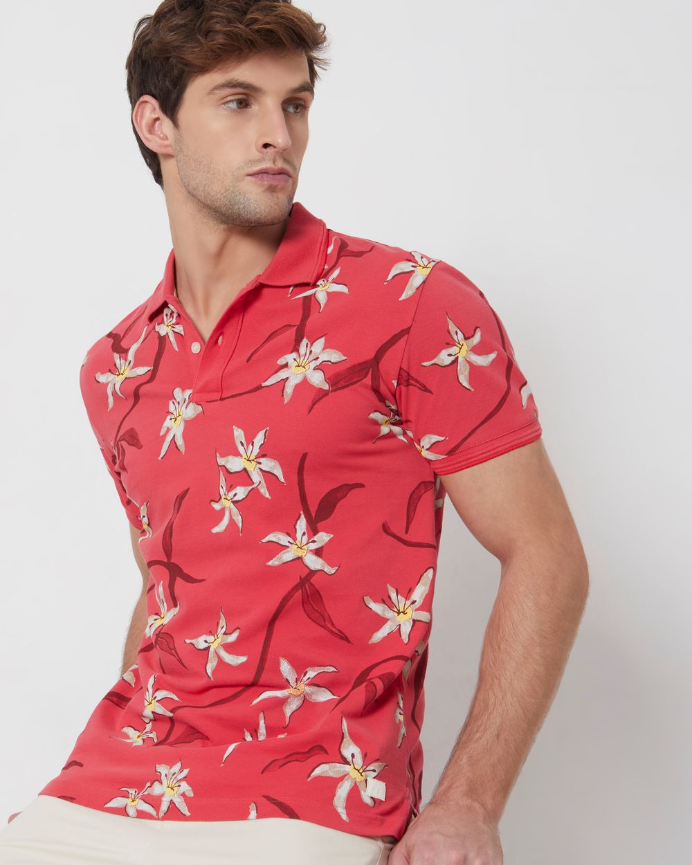 Pink Floral Print Slim Fit Casual Polo