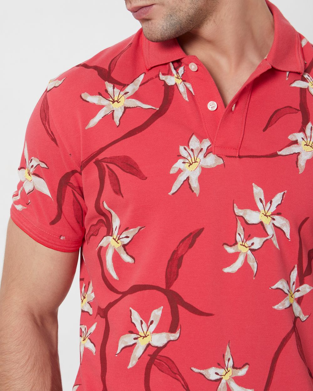 Pink Floral Print Slim Fit Casual Polo