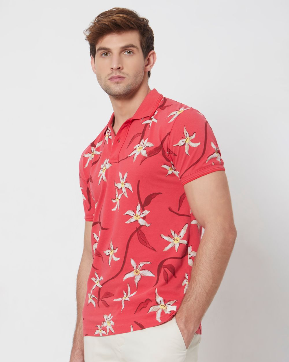 Pink Floral Print Slim Fit Casual Polo
