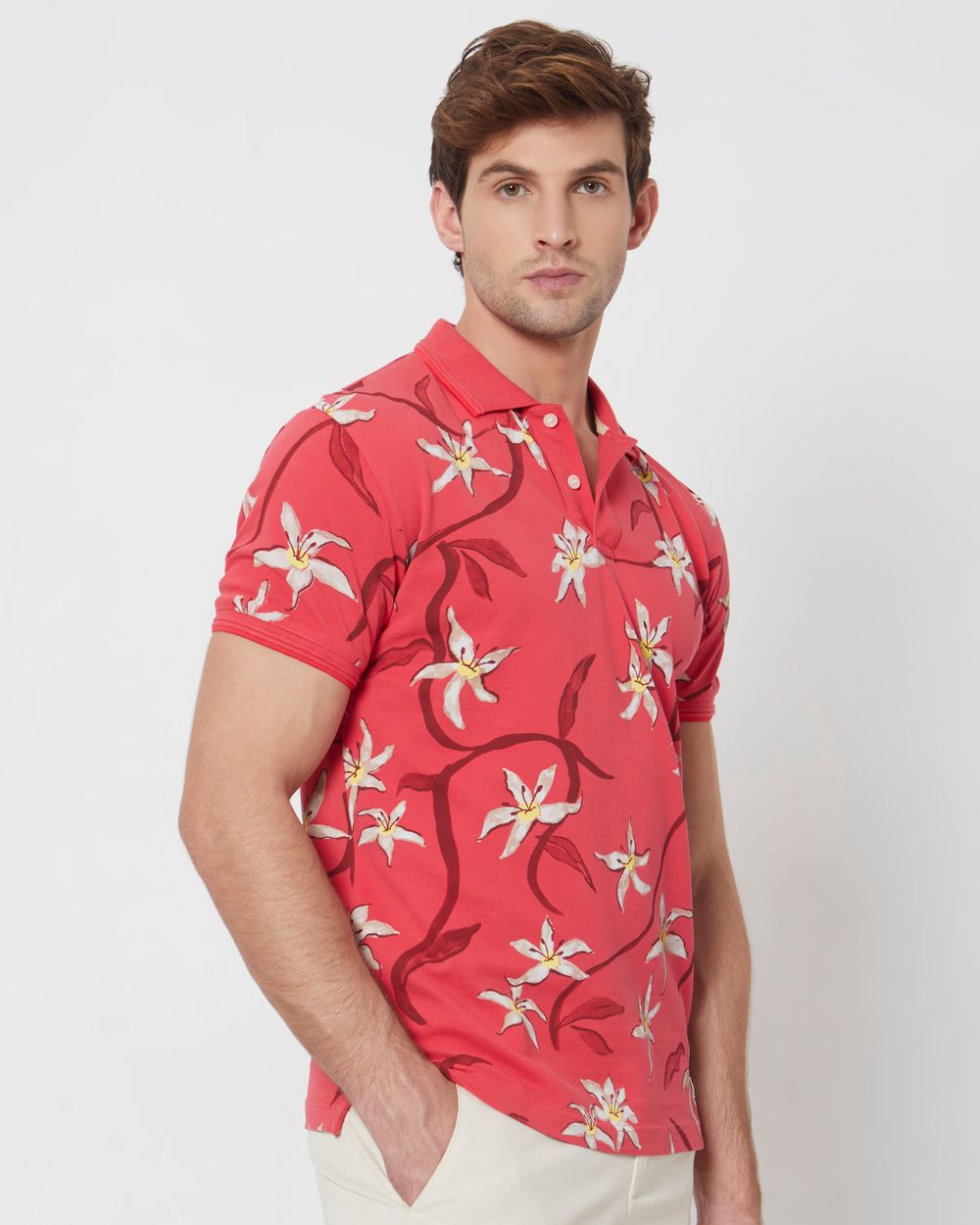 Pink Floral Print Slim Fit Casual Polo