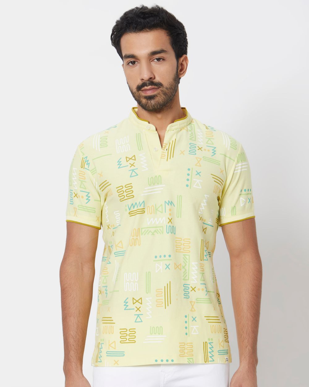 Yellow Abstract Print Slim Fit Henley T-Shirt