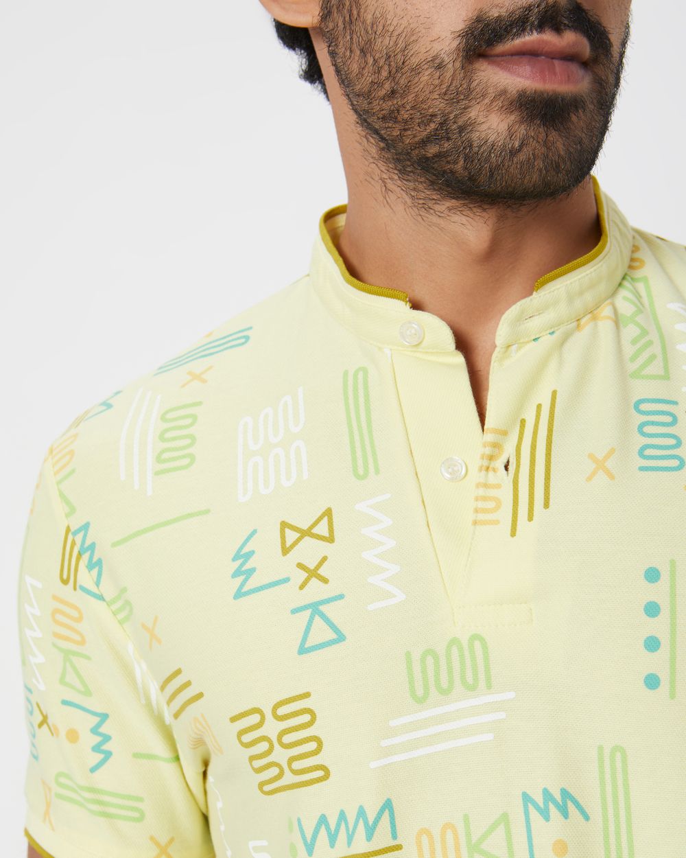 Yellow Abstract Print Slim Fit Henley T-Shirt