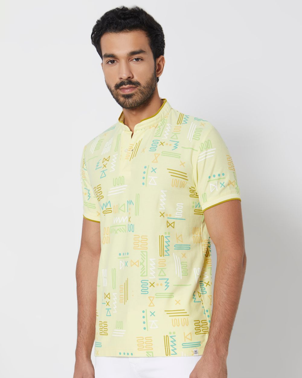 Yellow Abstract Print Slim Fit Henley T-Shirt
