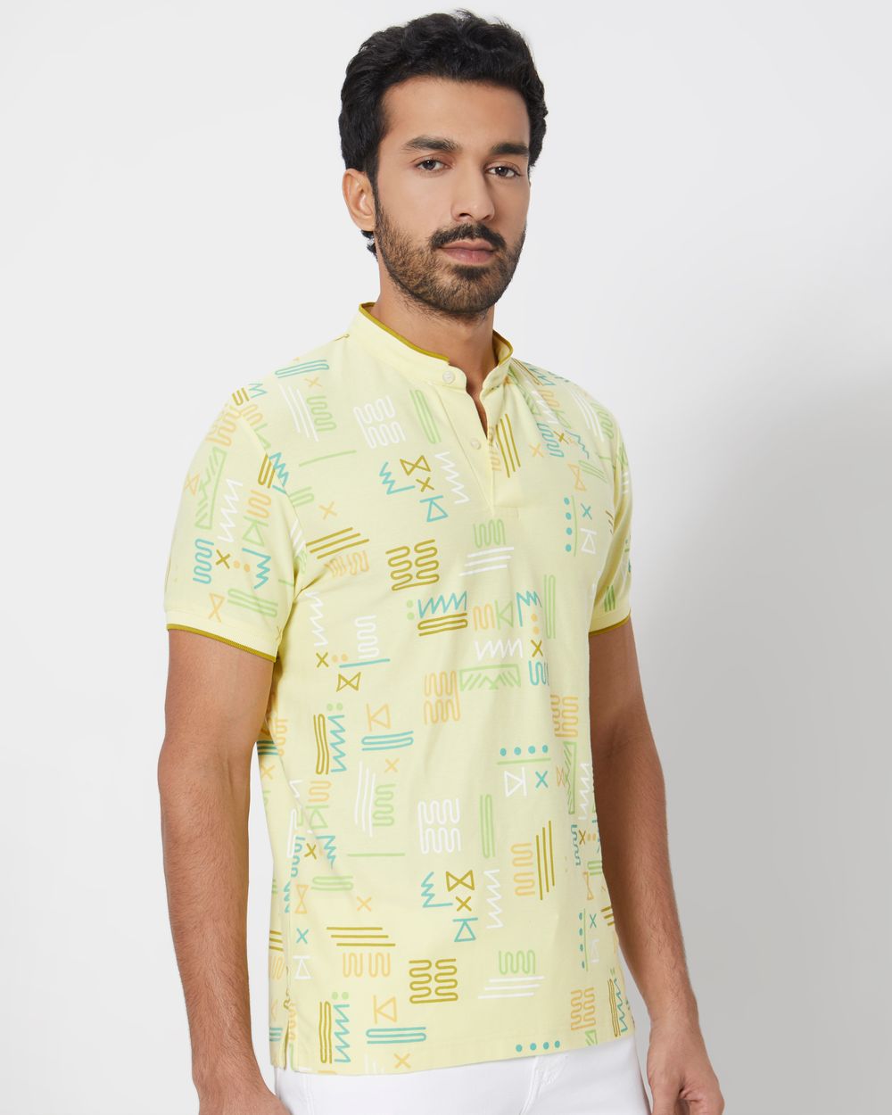 Yellow Abstract Print Slim Fit Henley T-Shirt