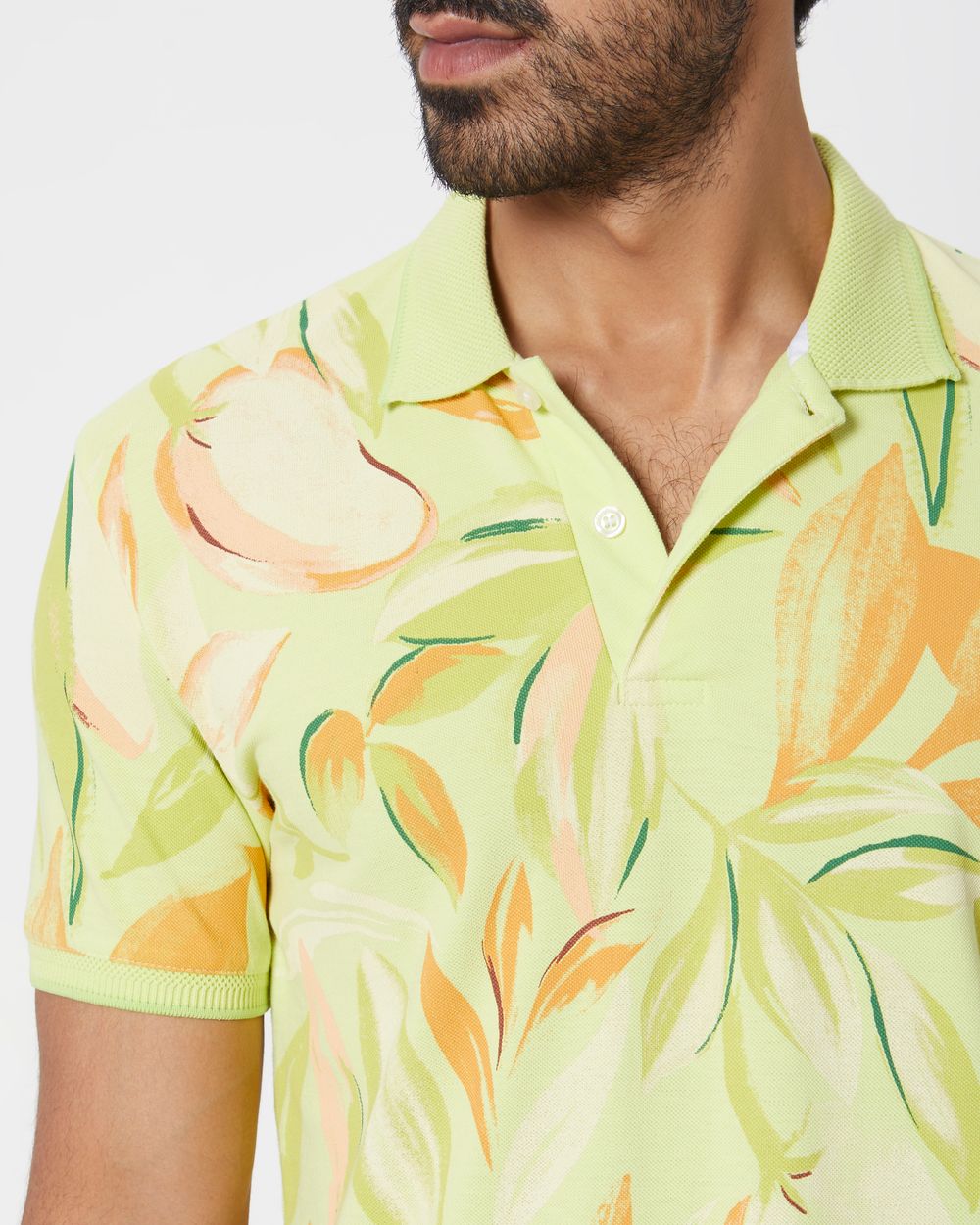 Yellow Leaf Print Slim Fit Polo T-Shirt