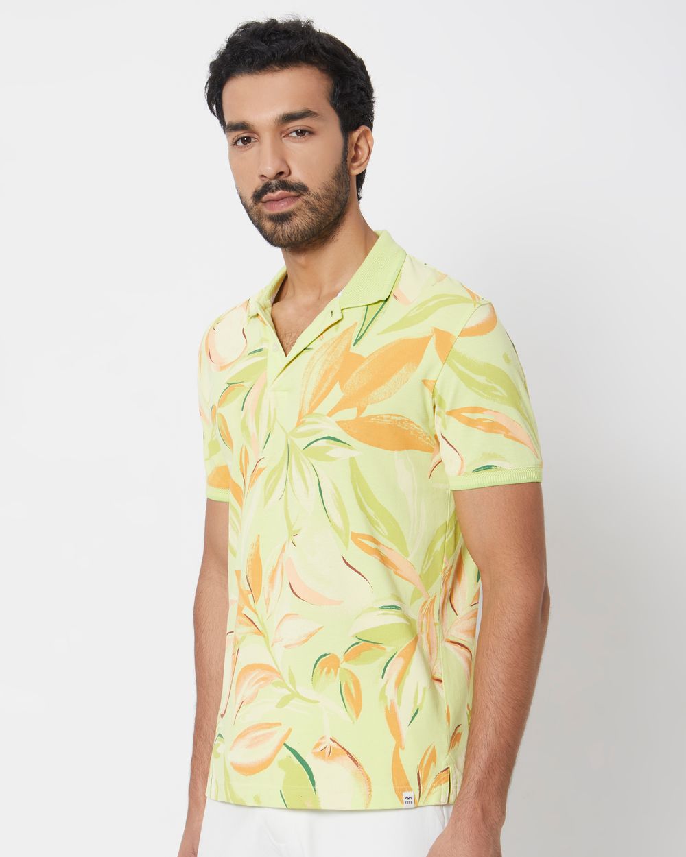 Yellow Leaf Print Slim Fit Polo T-Shirt