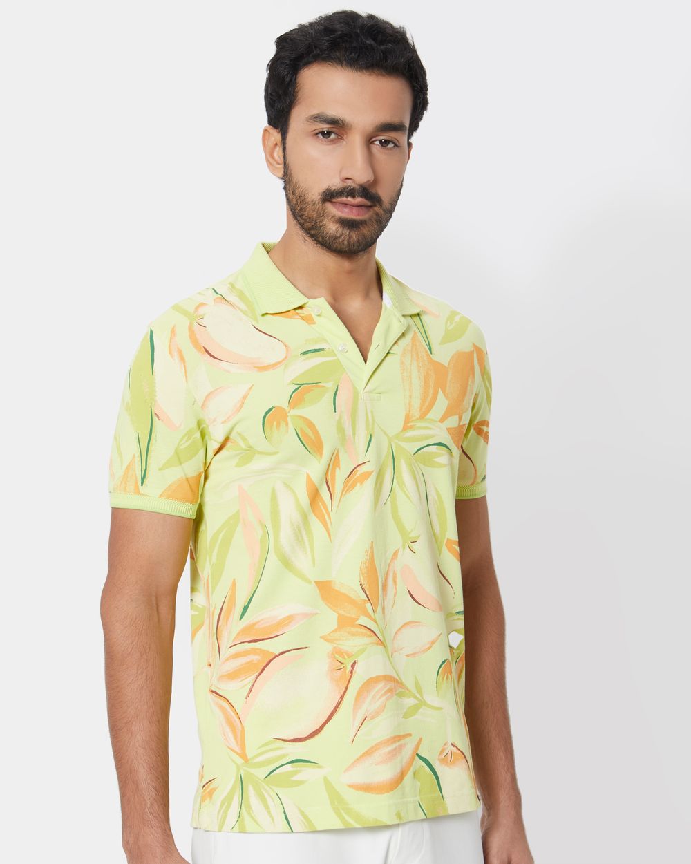 Yellow Leaf Print Slim Fit Polo T-Shirt