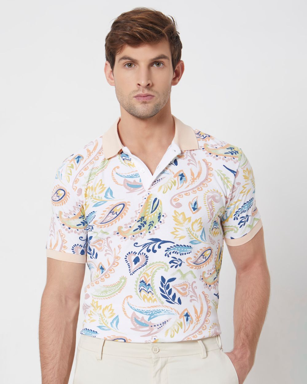 Off White Paisley Print Slim Fit Casual Polo