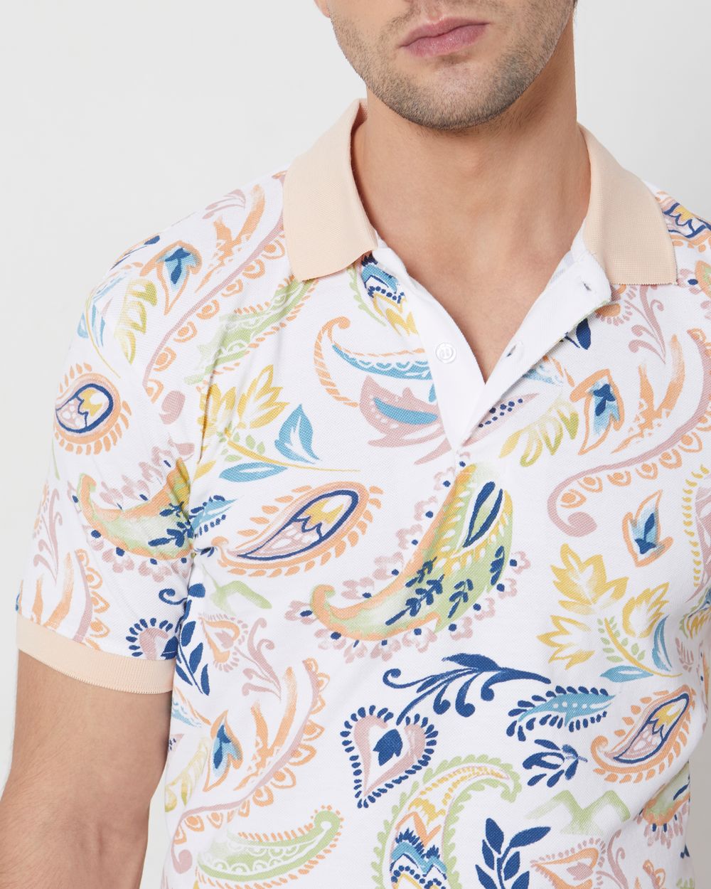 Off White Paisley Print Slim Fit Casual Polo