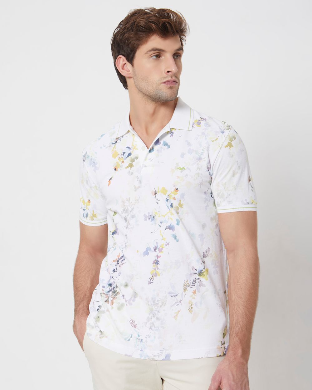Off White Floral Print Slim Fit Casual Polo