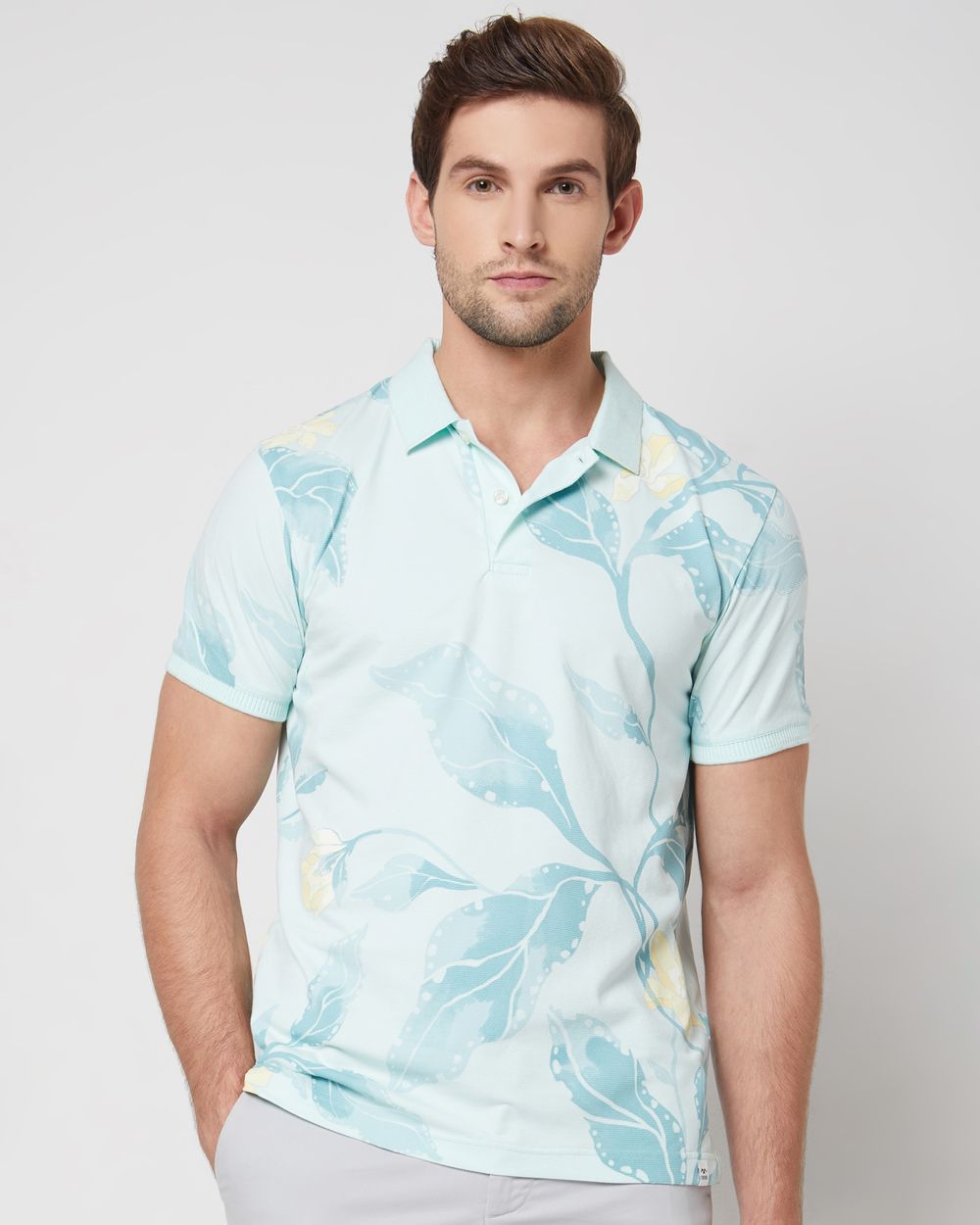 Light Blue Leaf Print Slim Fit Casual Polo