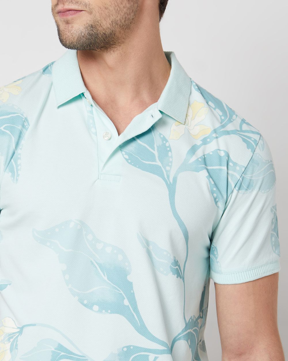 Light Blue Leaf Print Slim Fit Casual Polo