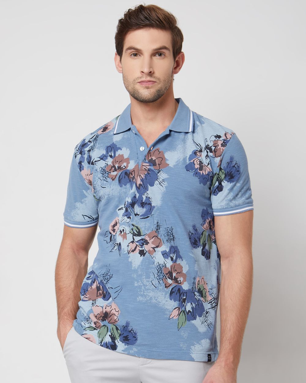 Blue Floral Print Slim Fit Casual Polo