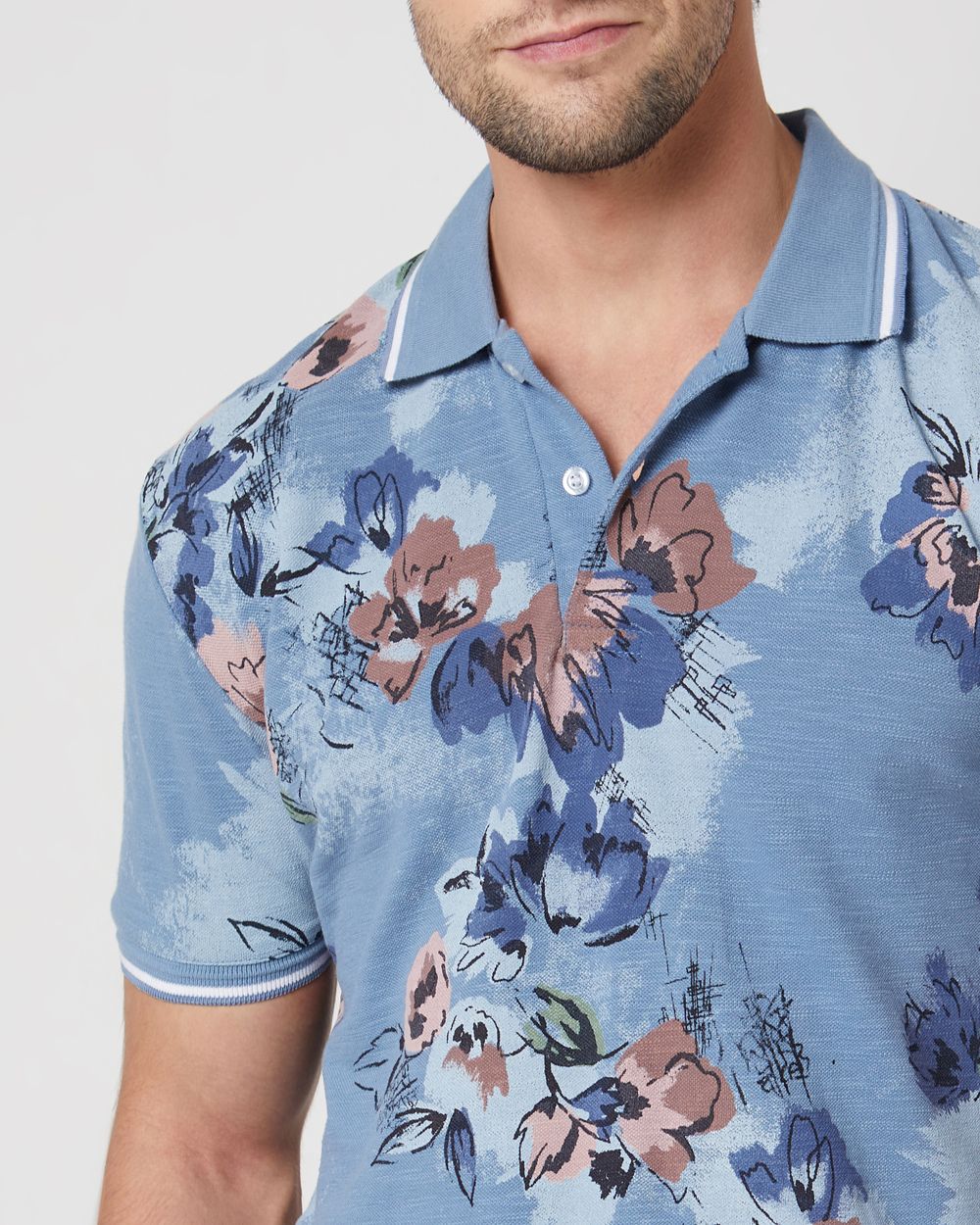 Blue Floral Print Slim Fit Casual Polo