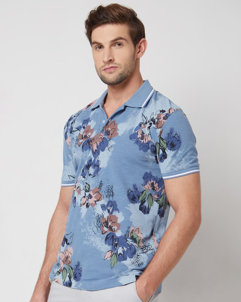 Blue Floral Print Slim Fit Casual Polo
