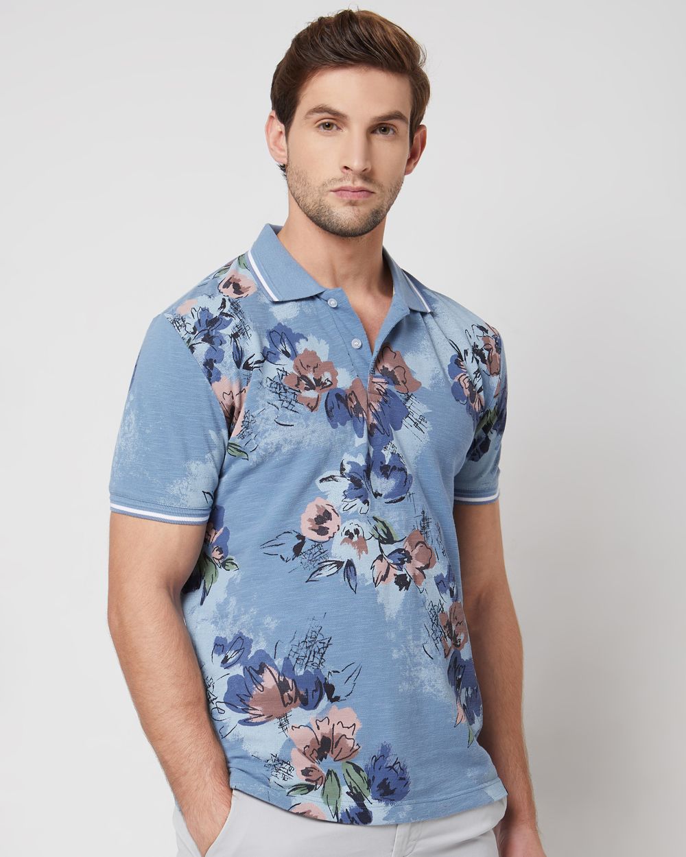 Blue Floral Print Slim Fit Casual Polo